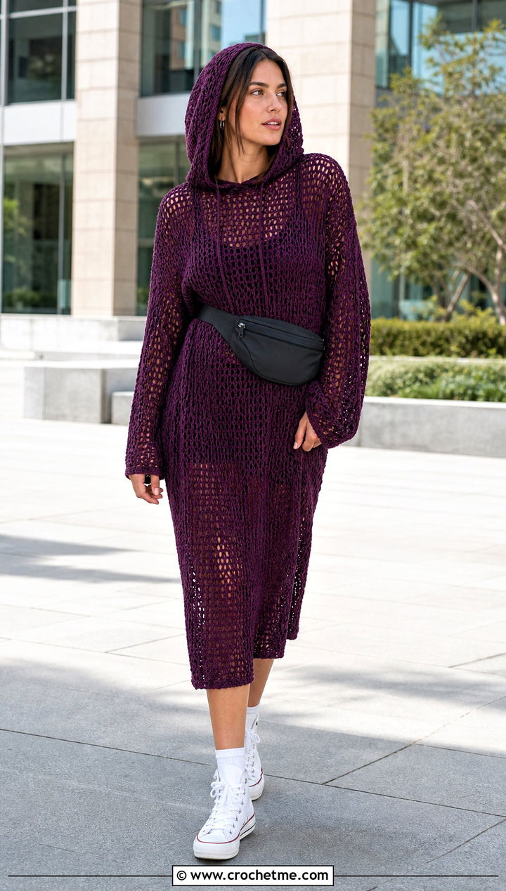 Hooded Crochet Dress With High Top Sneakers - 35 cute crochet clothes ideas