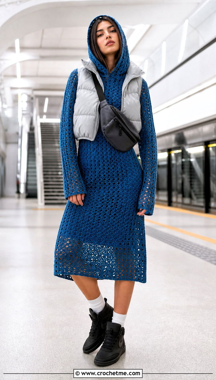 Hooded Crochet Dress With High Top Sneakers - 35 cute crochet dress ideas