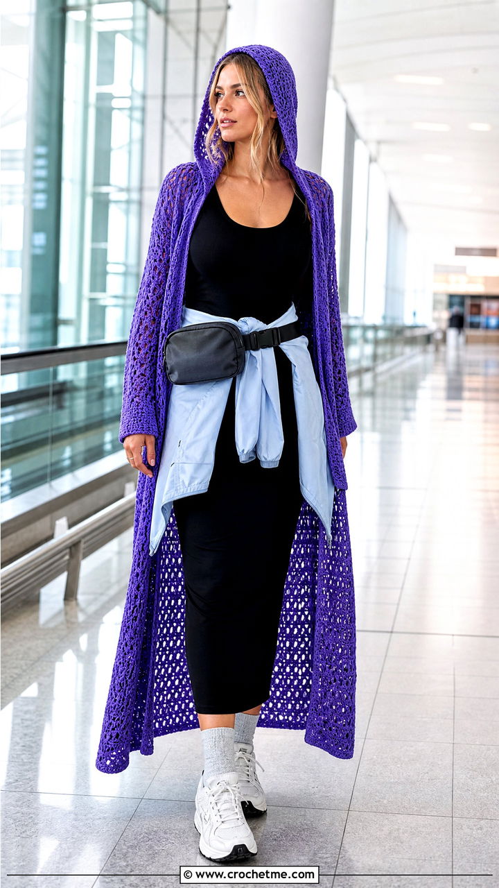 Hooded Crochet Dress With Track Sneakers - 35 crocheted dress outfit ideas