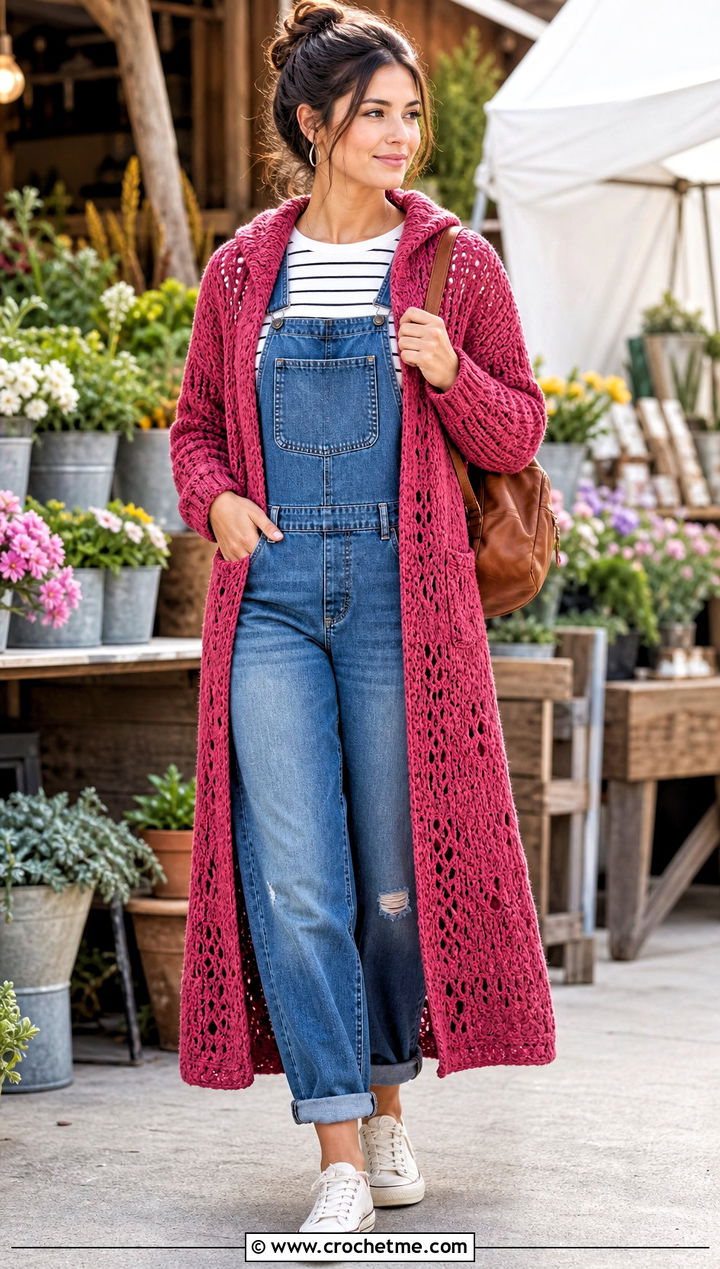 Hooded Crochet Duster Cardigan With Denim Overalls - 25 crochet long hooded cardigan outfit ideas