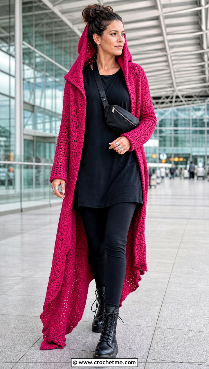 Hooded Crochet Duster Cardigan With Leggings - 25 witchy crochet cardigan outfit ideas