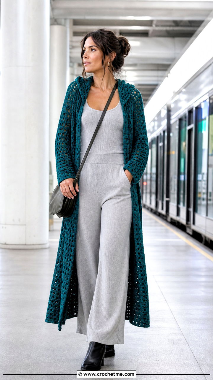 Hooded Crochet Duster With Knit Pants And Boots - 35 crochet coat outfit ideas