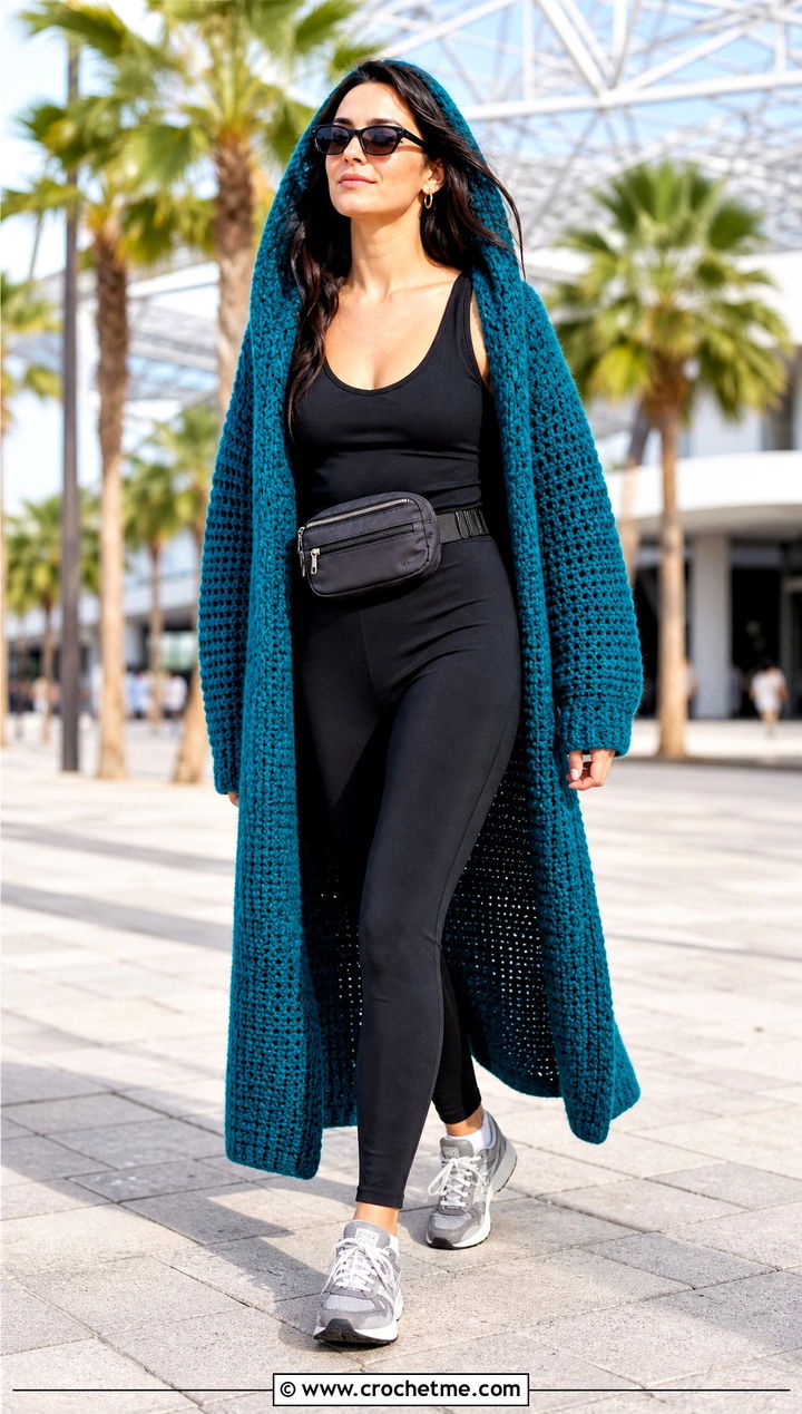 Hooded Crochet Duster With Leggings And Sneakers - 25 long crochet sweater outfit ideas