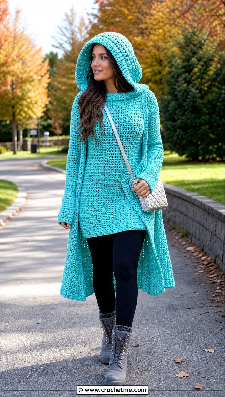 Hooded Crochet Elsa Dress With Leggings And Boots - 30 crochet elsa dress outfit ideas