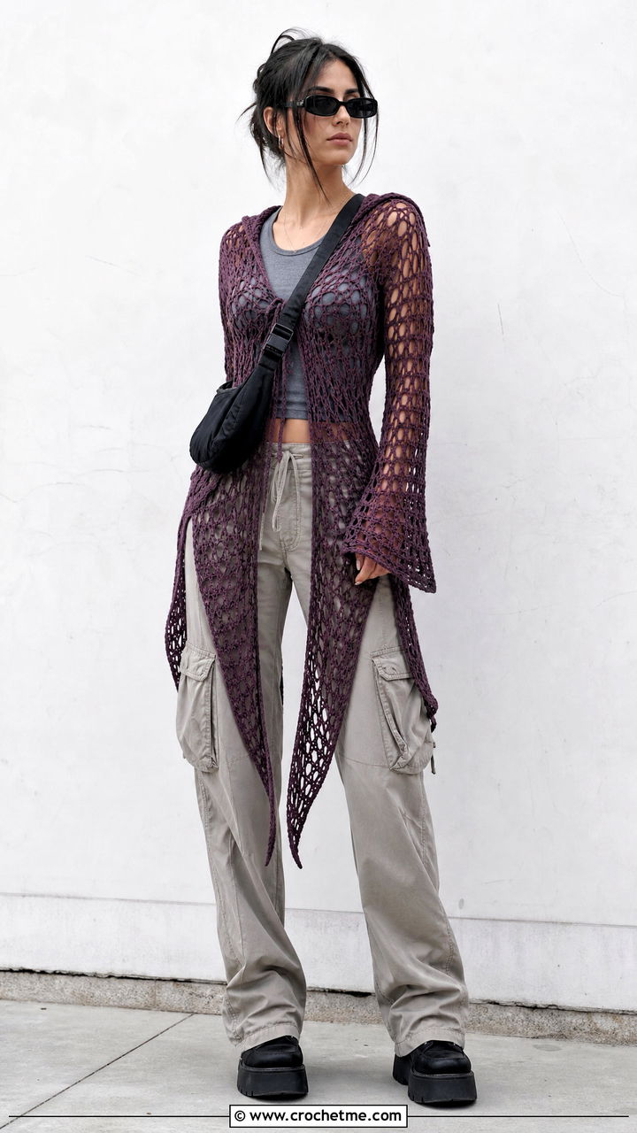 Hooded Crochet Fairy Dress With Cargo Pants - 35 Crochet Fairy Dress outfit ideas