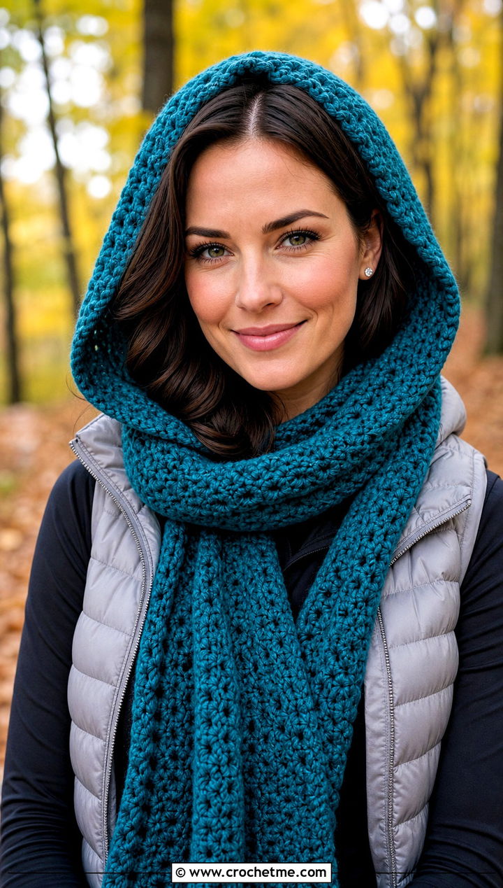 Hooded Crochet Fall Scarf With Puffer Vest - 15 Crochet Fall Scarf outfit ideas