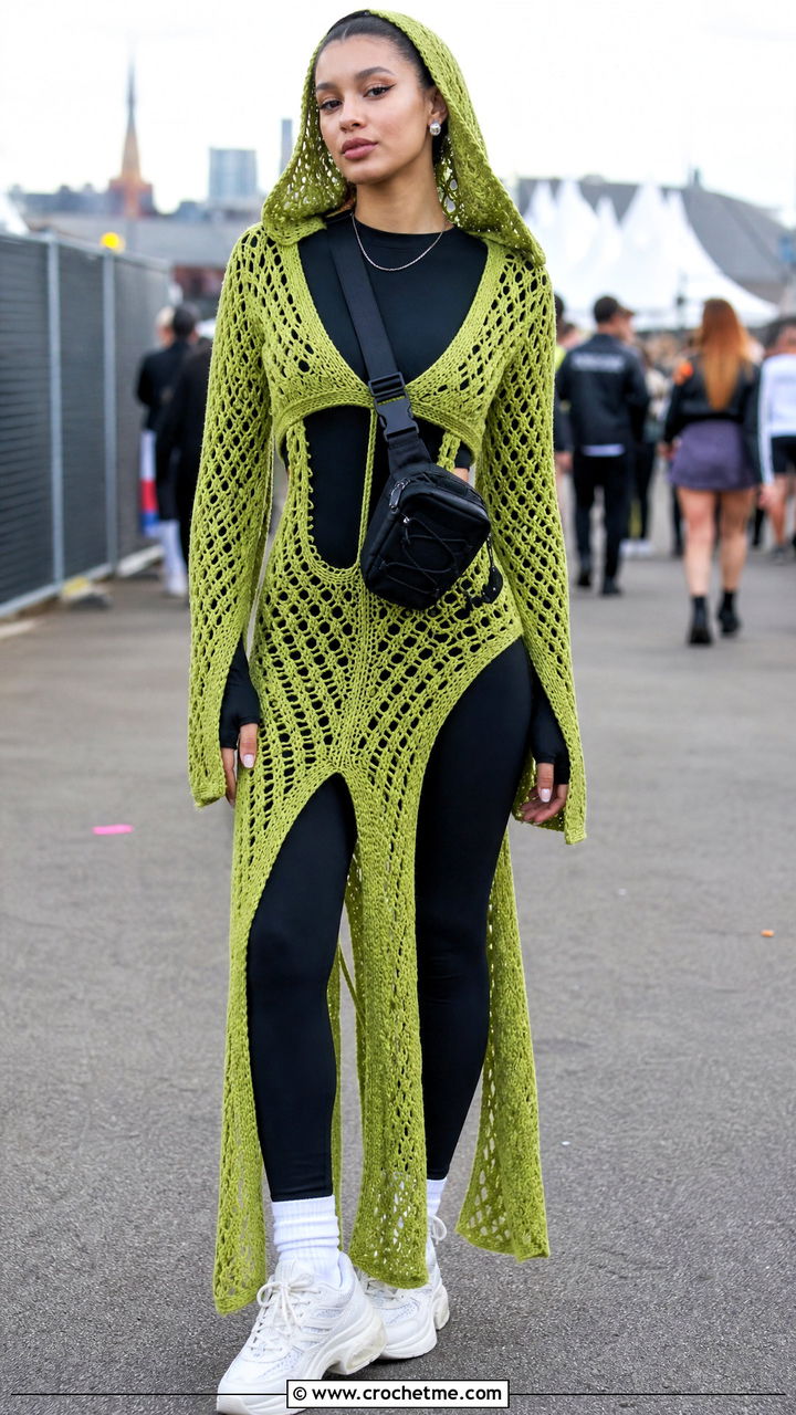 Hooded Crochet Festival Dress With Chunky Sneakers - 35 crochet festival dress outfit ideas
