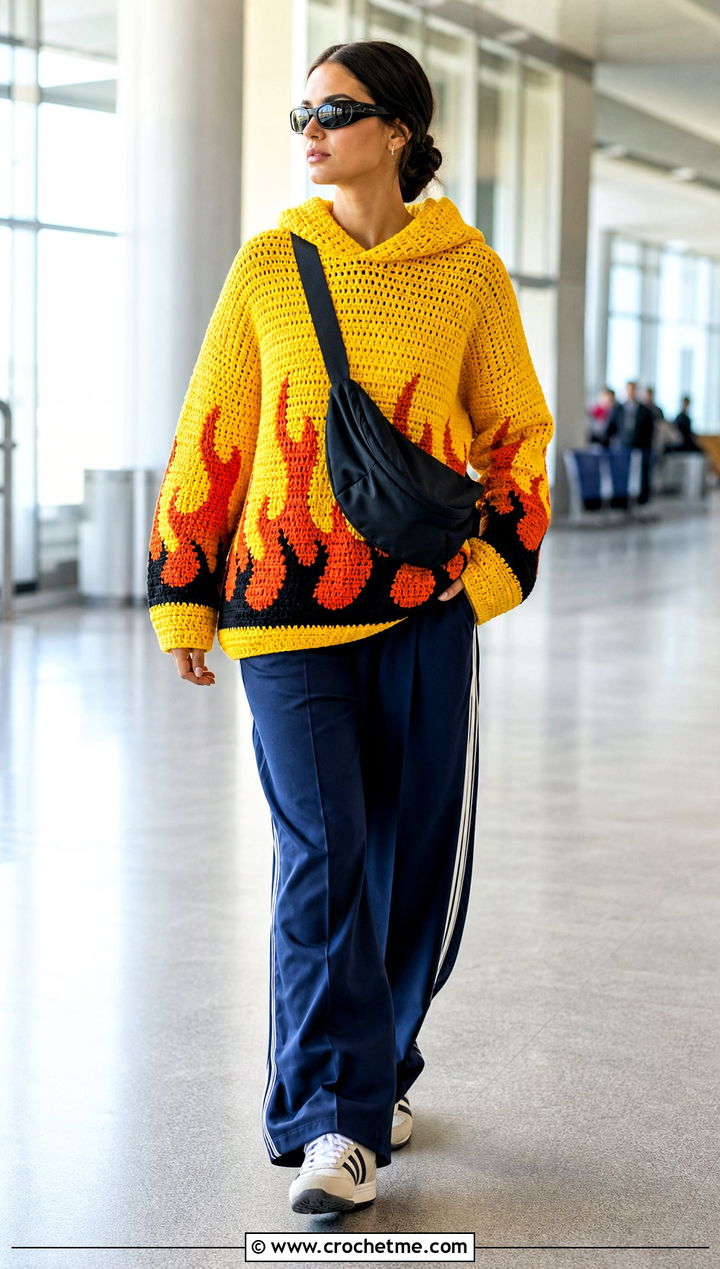 Hooded Crochet Fire Sweater With Wide Leg Track Pants - 25 Crochet Fire Sweater outfit ideas
