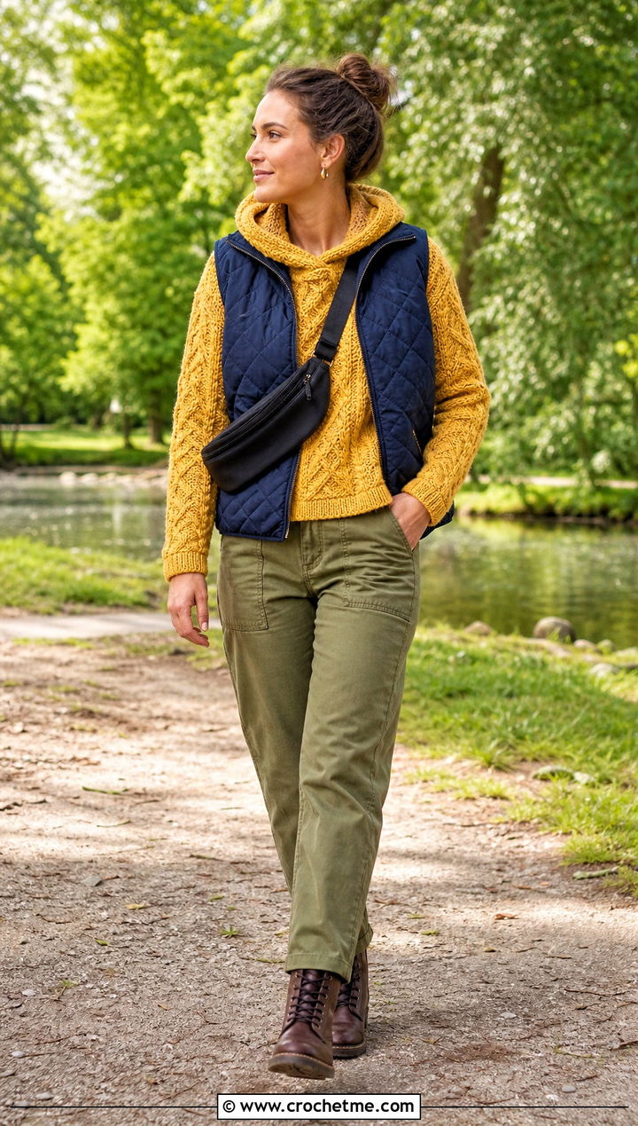 Hooded Crochet Fisherman Sweater With Quilted Vest - 25 crochet fisherman sweater outfit ideas