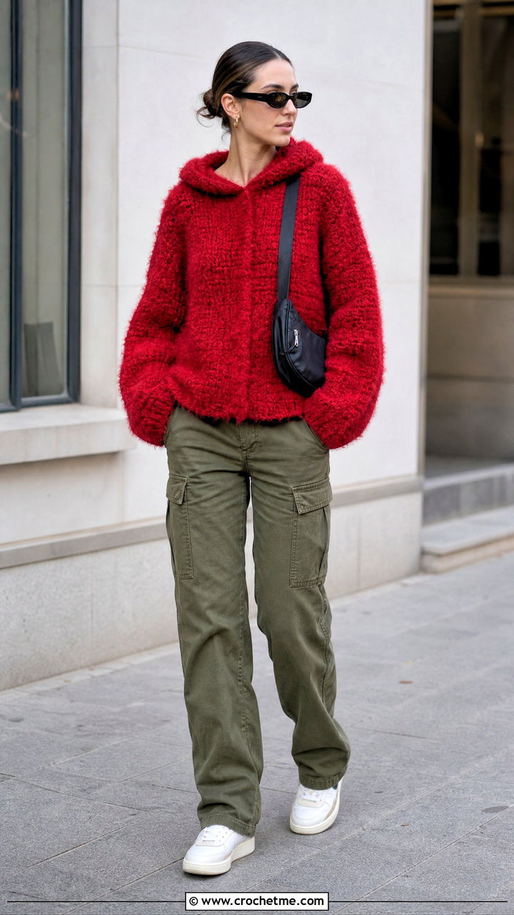 Hooded Crochet Fluffy Sweater With Cargo Pants - 35 crochet fluffy sweater outfit ideas