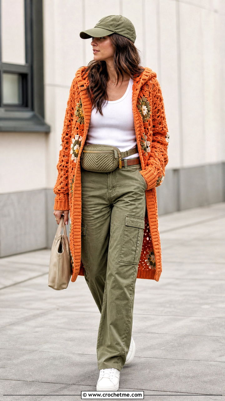Hooded Crochet Folklore Cardigan With Cargo Pants - 35 crochet folklore cardigan outfit ideas