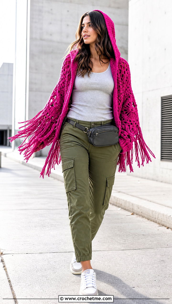 Hooded Crochet Fringe Sweater With Cargo Pants - 20 Crochet Fringe Sweater outfit ideas