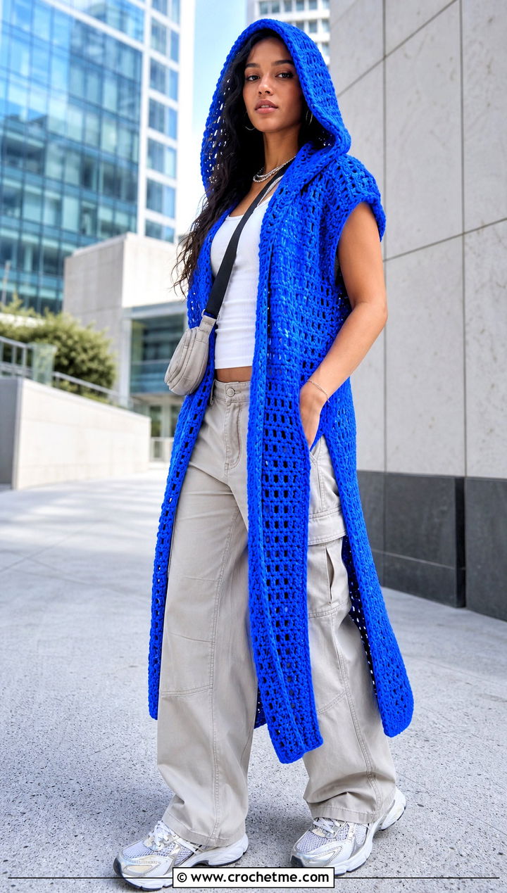 Hooded Crochet Frock With Cargo Pants - 35 crochet frock outfit ideas