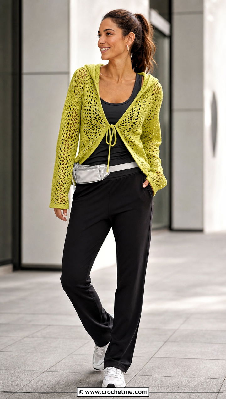 Hooded Crochet Front Tie Cardigan With Track Pants - 15 crochet front tie cardigan outfit ideas