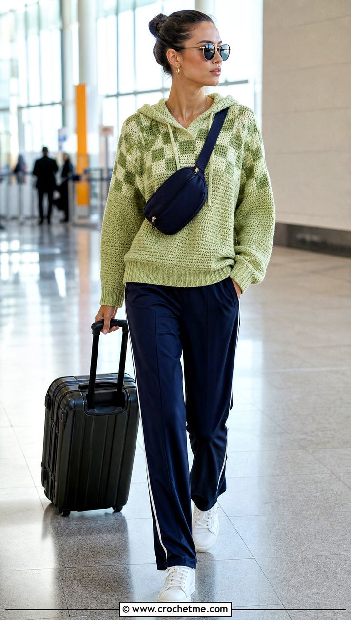 Hooded Crochet Gingham Sweater With Track Pants - 25 Crochet Gingham Sweater outfit ideas