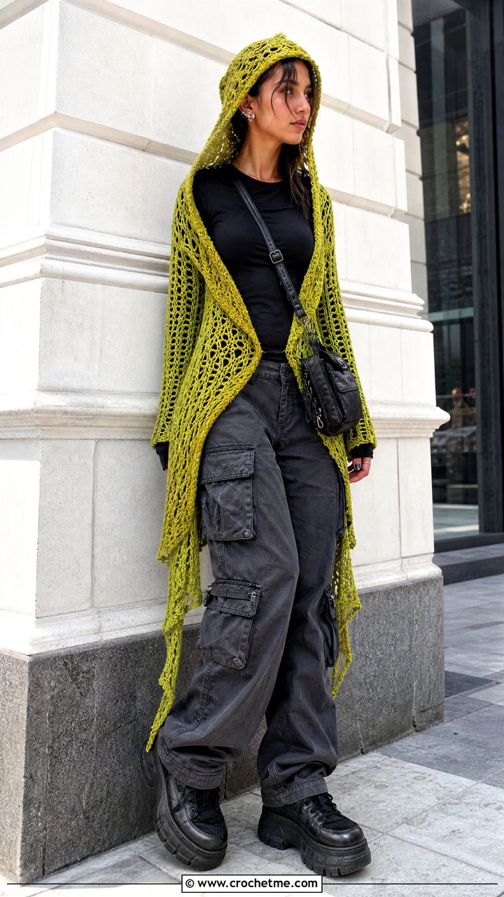 Hooded Crochet Goth Cardigan With Cargo Pants - 35 Crochet Goth Clothes and outfit ideas