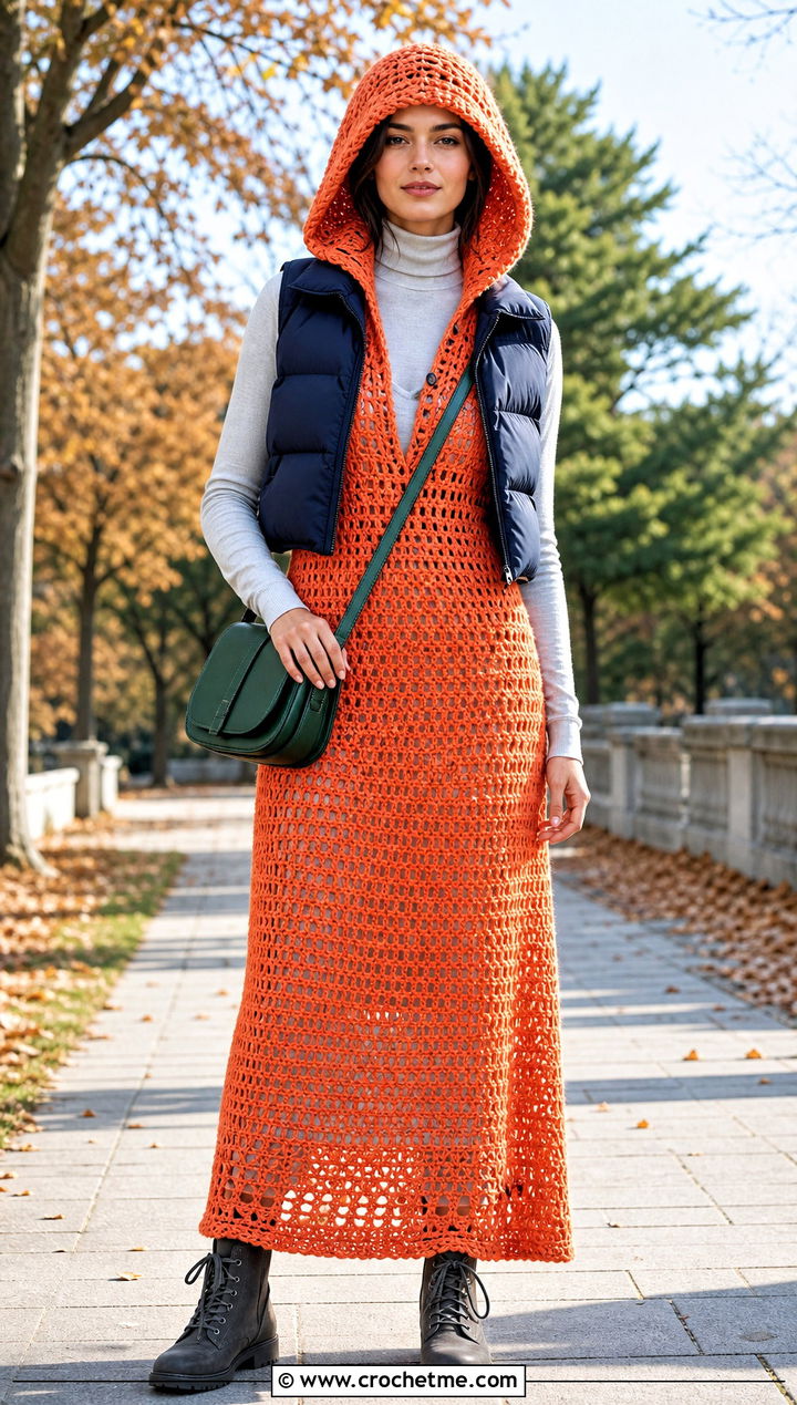 Hooded Crochet Gown Dress With Puffer Vest - 25 Crochet Gown Dress outfit ideas