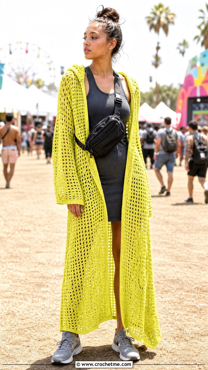 Hooded Crochet Gown With Sporty Sneakers - 35 crochet gown outfit ideas