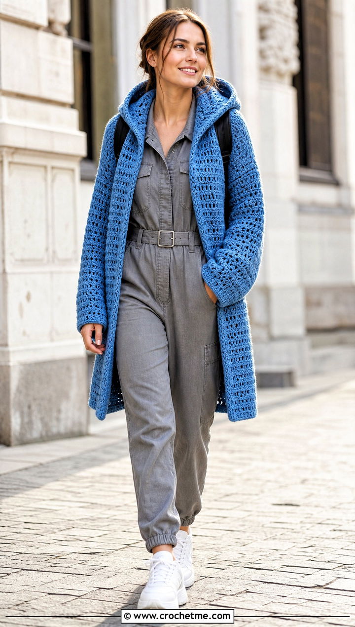 Hooded Crochet Grandpa Sweater With Utility Jumpsuit - 25 Crochet Grandpa Sweater outfit ideas