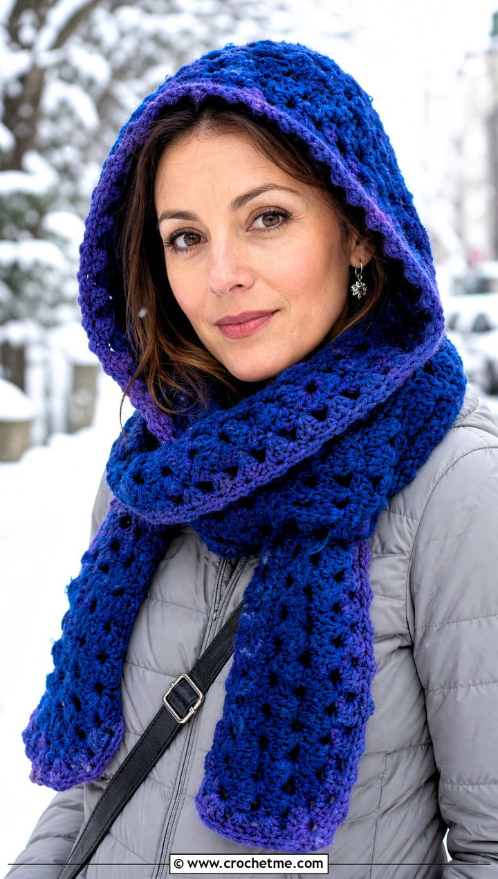 Hooded Crochet Granny Stitch Scarf With Quilted Coat - 30 crochet granny stitch scarf outfit ideas