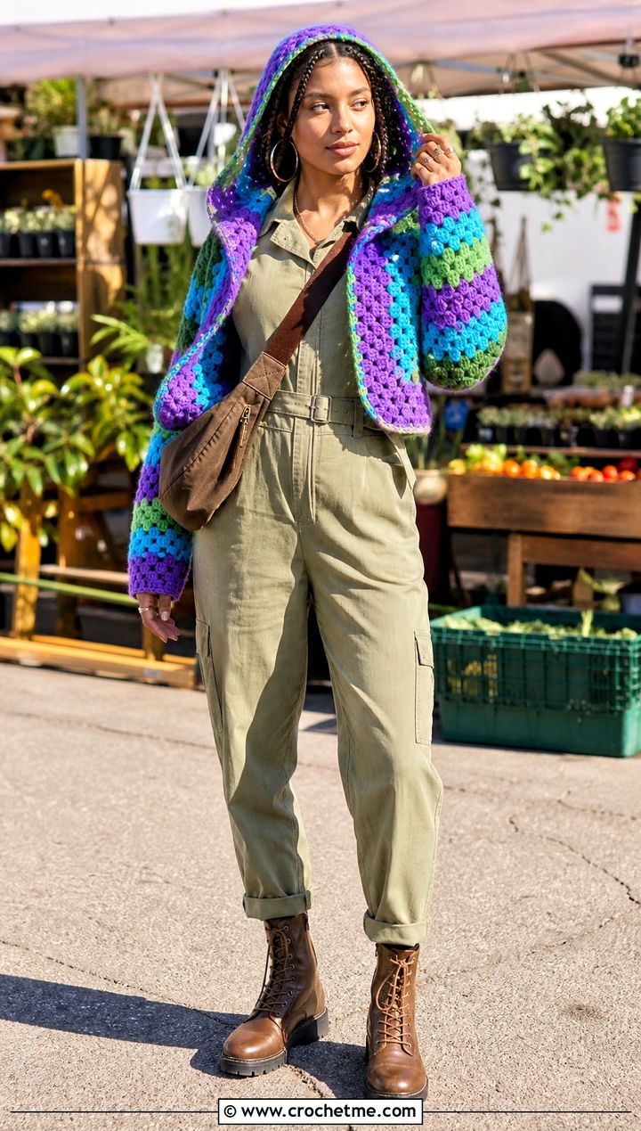 Hooded Crochet Granny Stripe Sweater With Utility Jumpsuit - 25 Crochet Granny Stripe Sweater outfit ideas