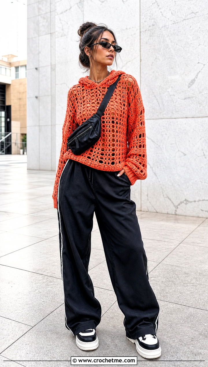 Hooded Crochet Grunge Top With Track Pants - 30 crochet grunge top outfit ideas