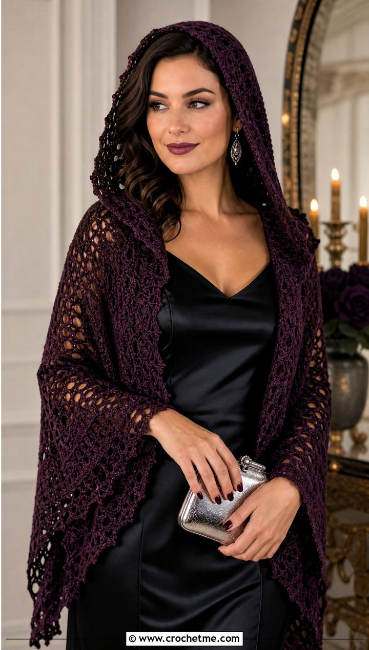 Hooded Crochet Halloween Shawl With Satin Slip Dress - 20 Crochet Halloween Shawl outfit ideas
