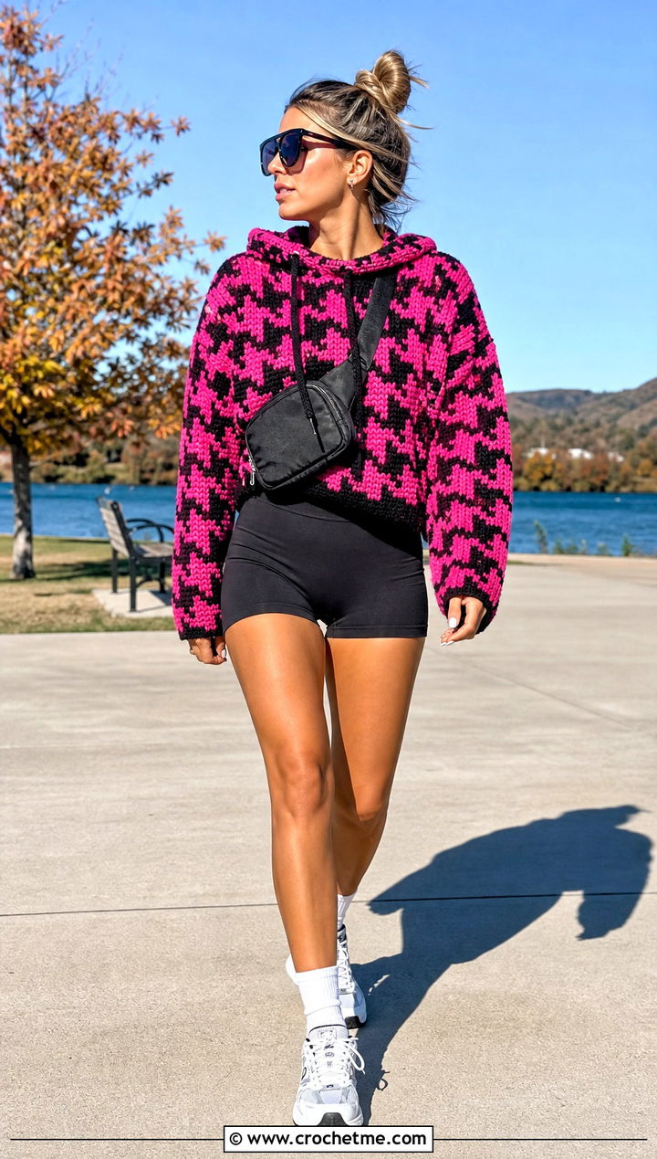 Hooded Crochet Houndstooth Sweater With Biker Shorts - 35 crochet houndstooth sweater outfit ideas