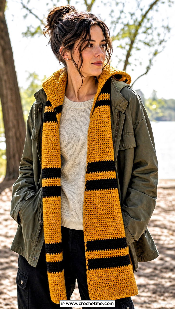 Hooded Crochet Hufflepuff Scarf With Utility Jacket - 30 crochet hufflepuff scarf outfit ideas