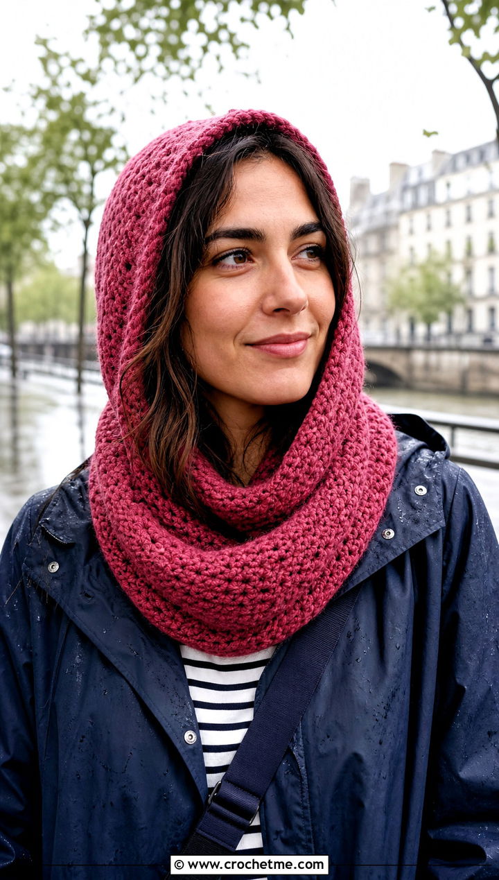 Hooded Crochet Infinity Scarf With Raincoat - 25 infinite crochet scarf outfit ideas