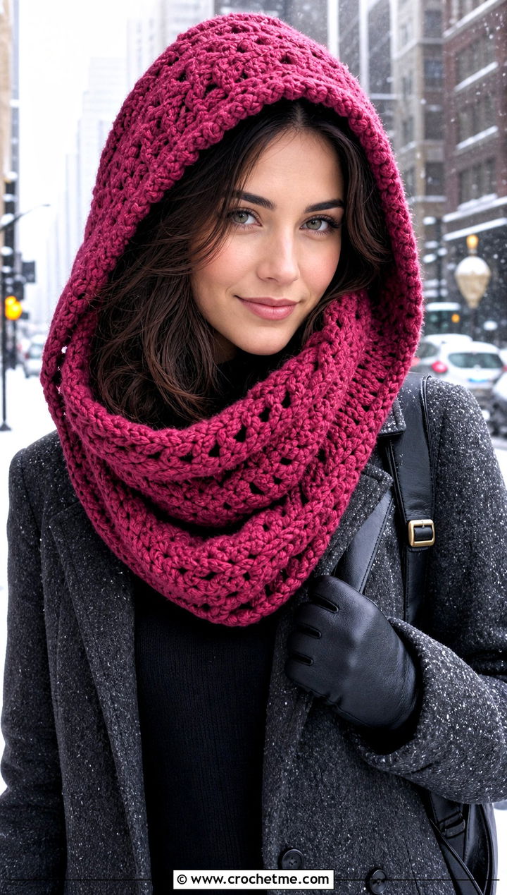 Hooded Crochet Infinity Scarf With Wool Coat - 30 crochet infinity scarves outfit ideas