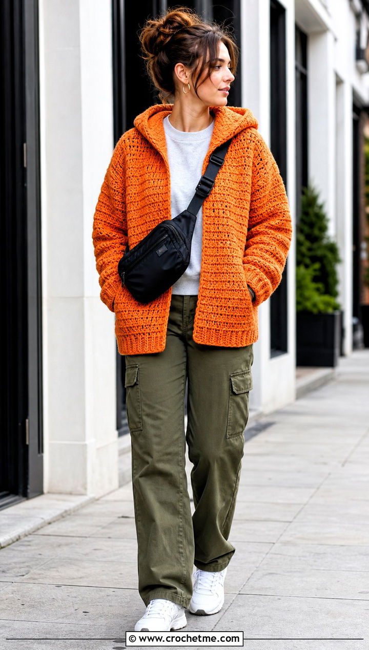 Hooded Crochet Jacket With Cargo Pants - 30 crochet winter jacket outfit ideas