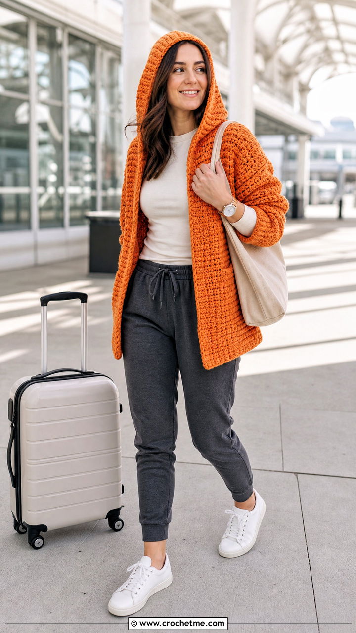 Hooded Crochet Jacket With Joggers - 35 easy crochet jacket outfit ideas