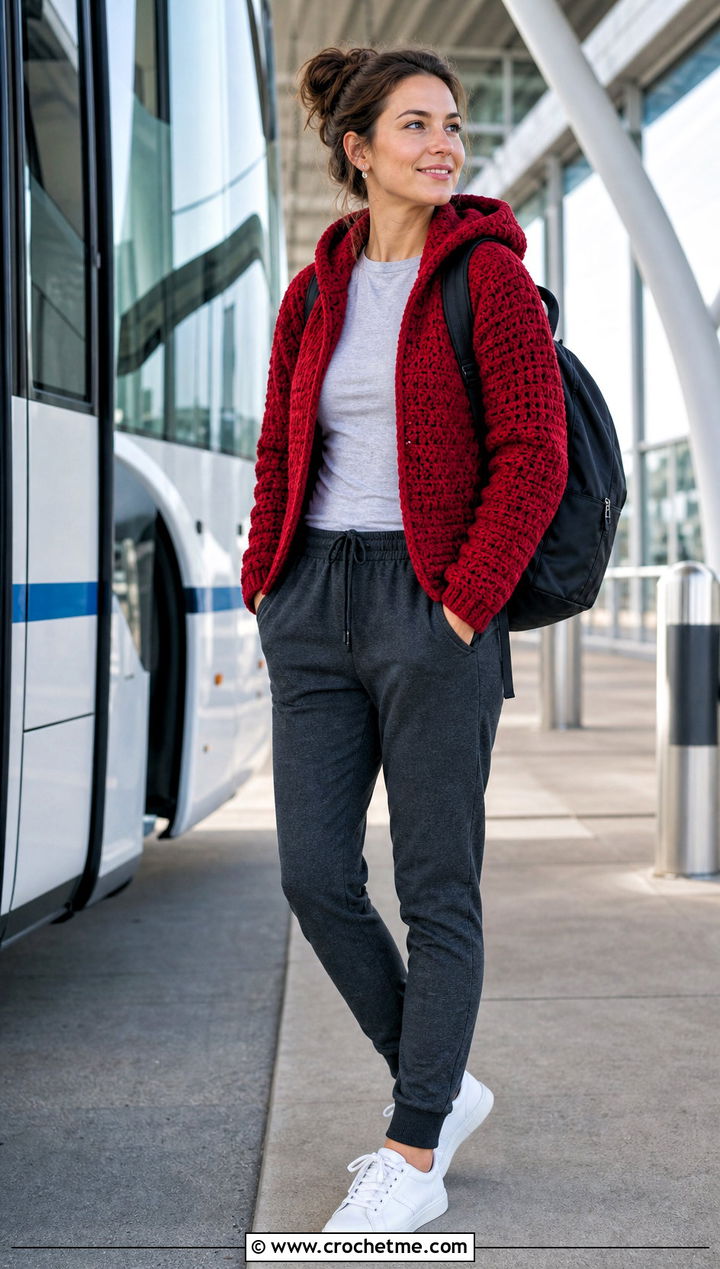 Hooded Crochet Jacket With Joggers - 15 crochet jacket for beginners outfit ideas