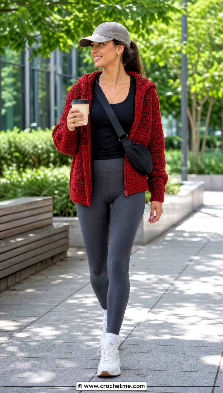 Hooded Crochet Jacket With Leggings And Sneakers - 25 crochet clothes jacket outfit ideas