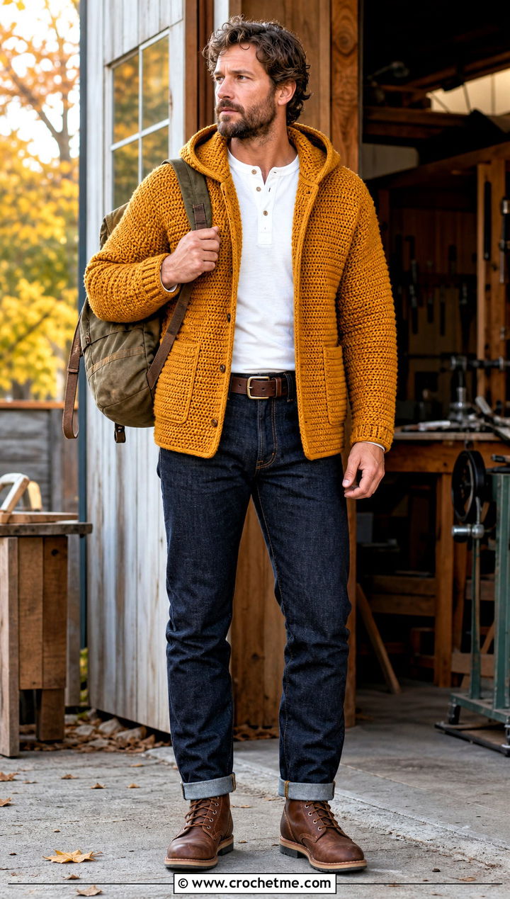 Hooded Crochet Jacket With Selvedge Denim - 35 crochet hoodie for men outfit ideas
