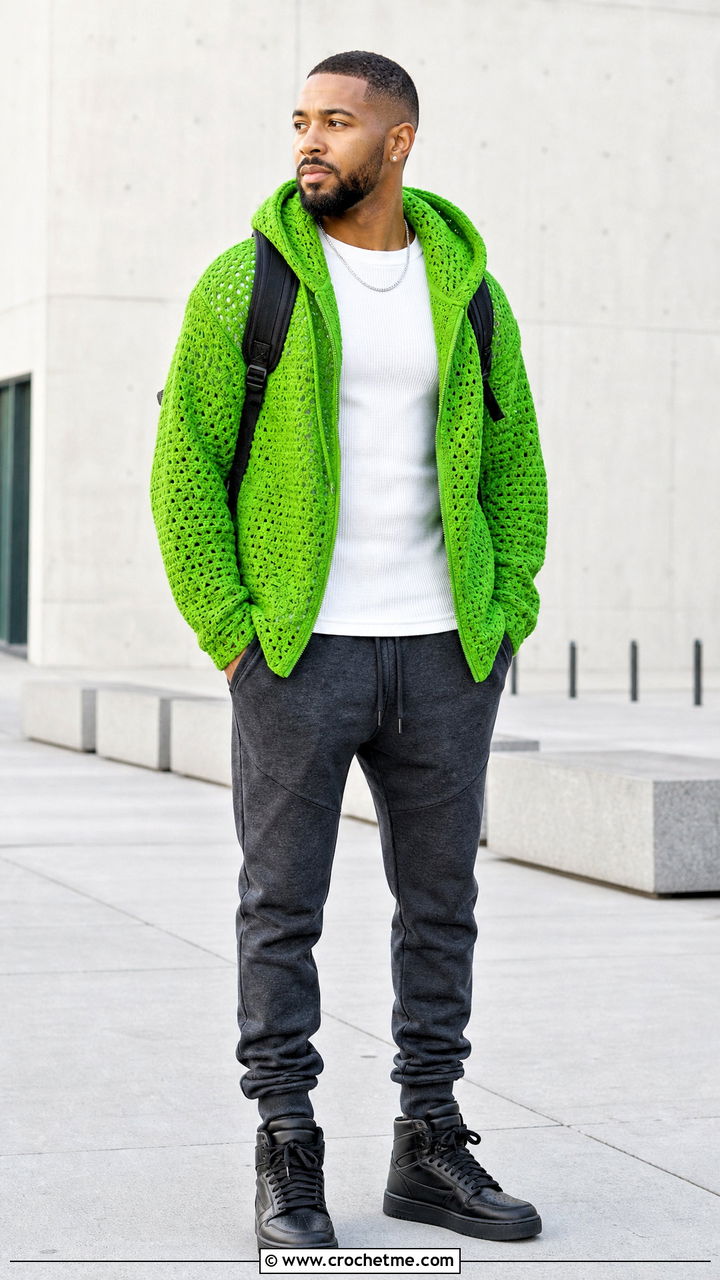 Hooded Crochet Jacket With Tapered Joggers - 35 crochet jacket for men outfit ideas