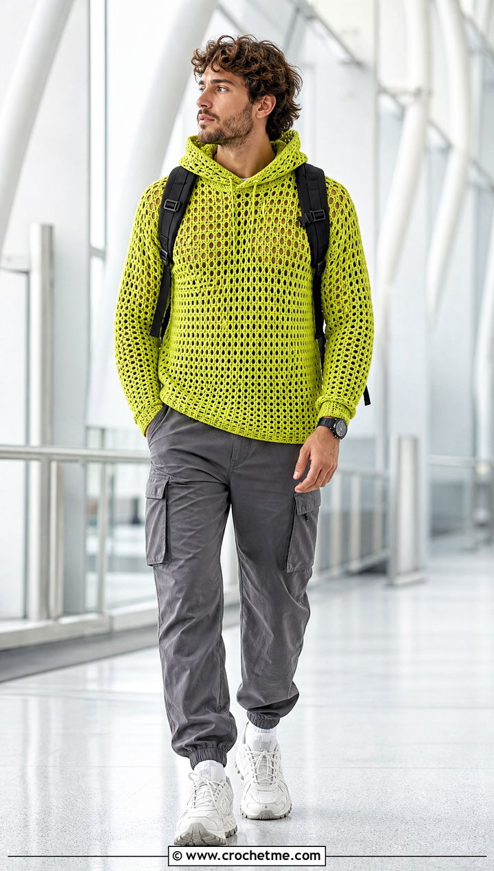 Hooded Crochet Jumper With Utility Trousers - 25 mens crochet jumper outfit ideas