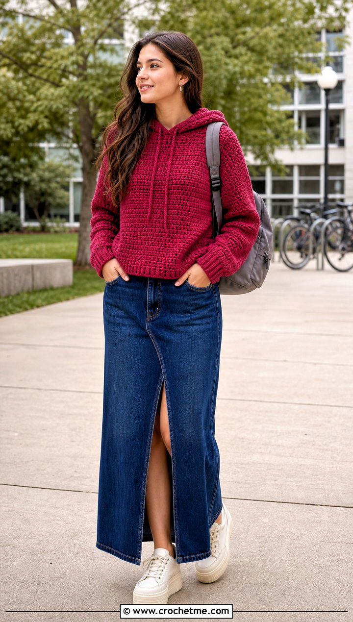 Hooded Crochet Jumper With a Denim Maxi Skirt - 15 Ladies Crochet Jumper outfit ideas