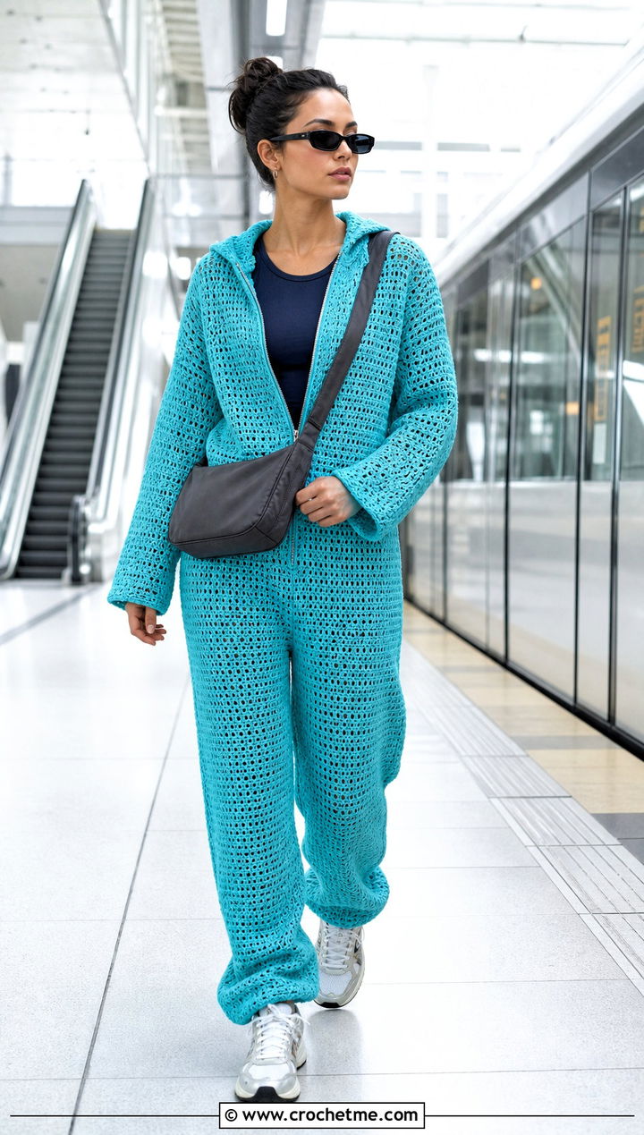 Hooded Crochet Jumpsuit With Retro Sneakers - 30 crochet jumpsuit outfit ideas