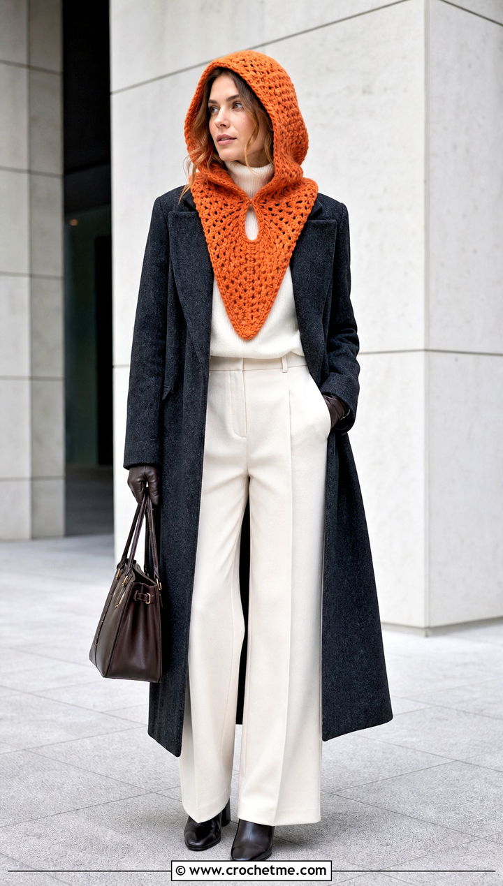 Hooded Crochet Keyhole Scarf With Wool Coat - 35 crochet keyhole scarf outfit ideas