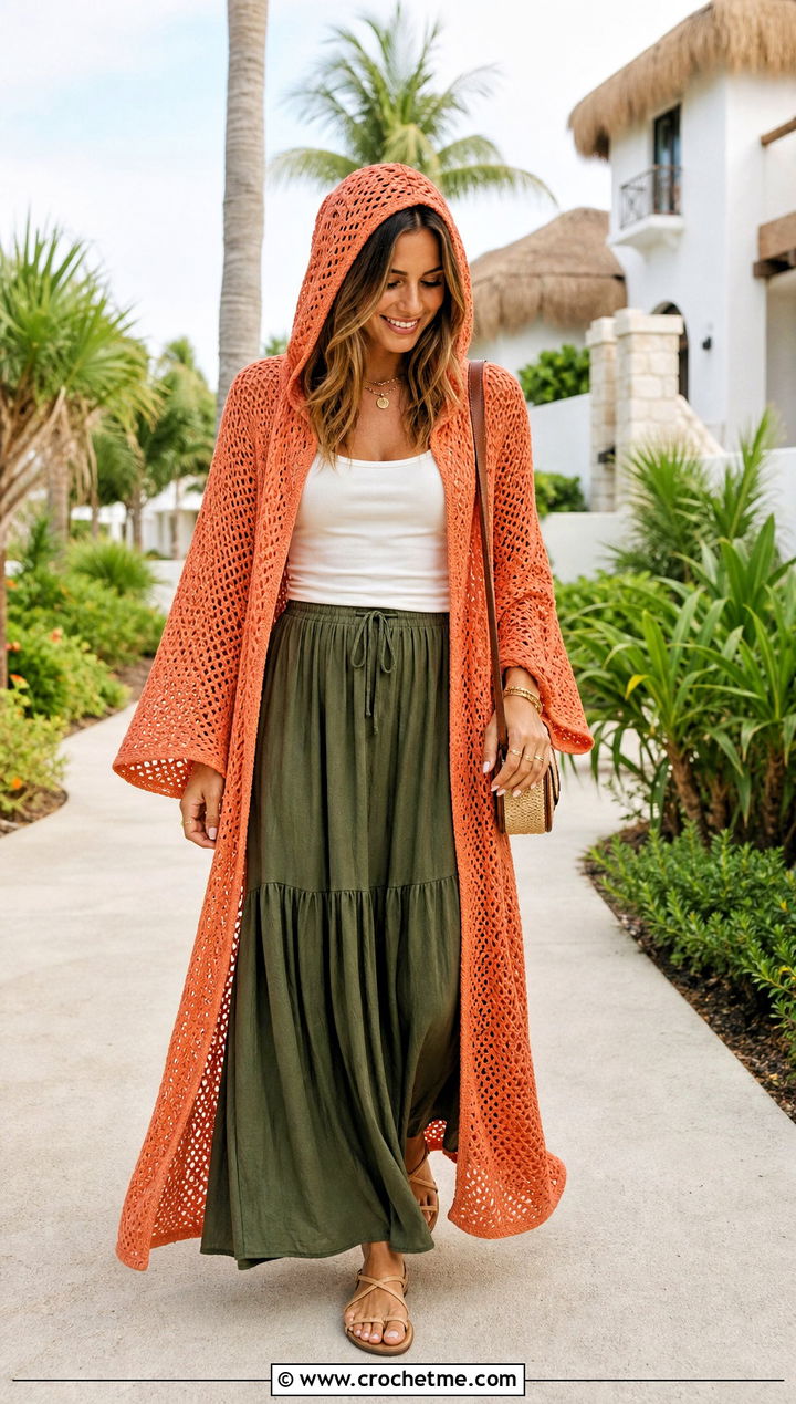 Hooded Crochet Kimono Cardigan With Maxi Skirt - 25 crochet long hooded cardigan outfit ideas