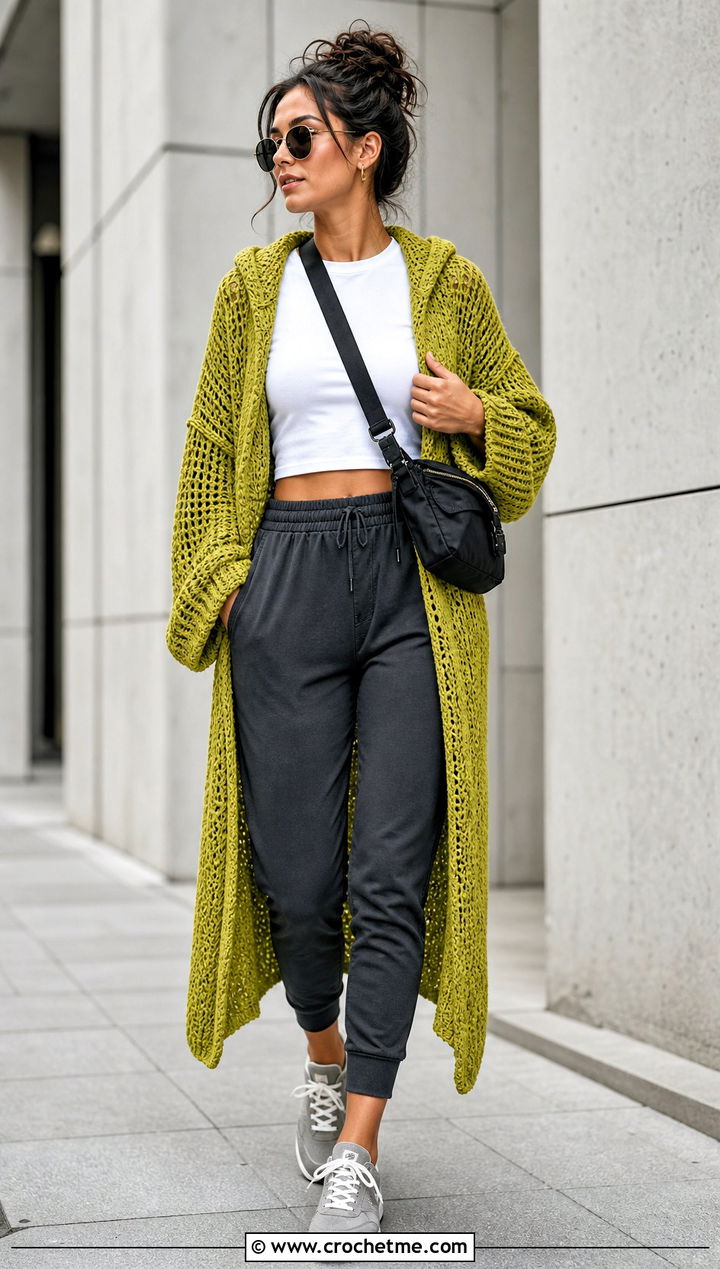 Hooded Crochet Kimono With Joggers - 25 easy crochet kimono outfit ideas