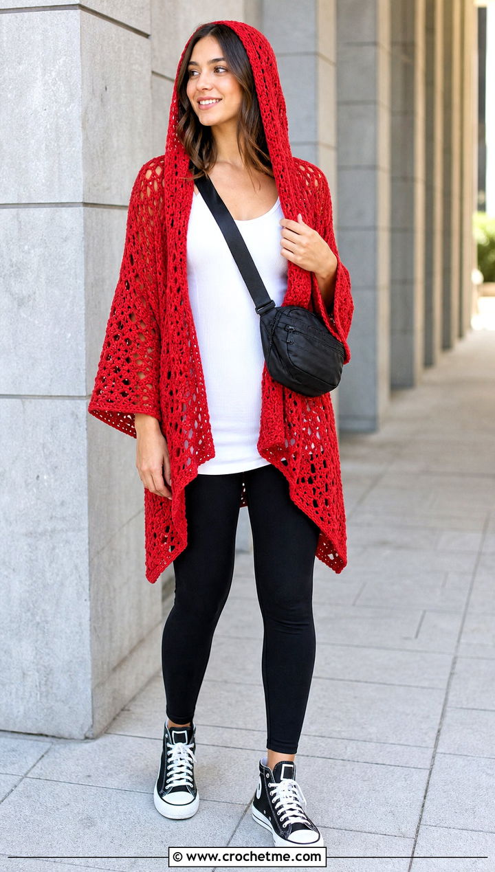 Hooded Crochet Kimono With Leggings And High Top Sneakers - 30 Boho Crochet Kimono outfit ideas