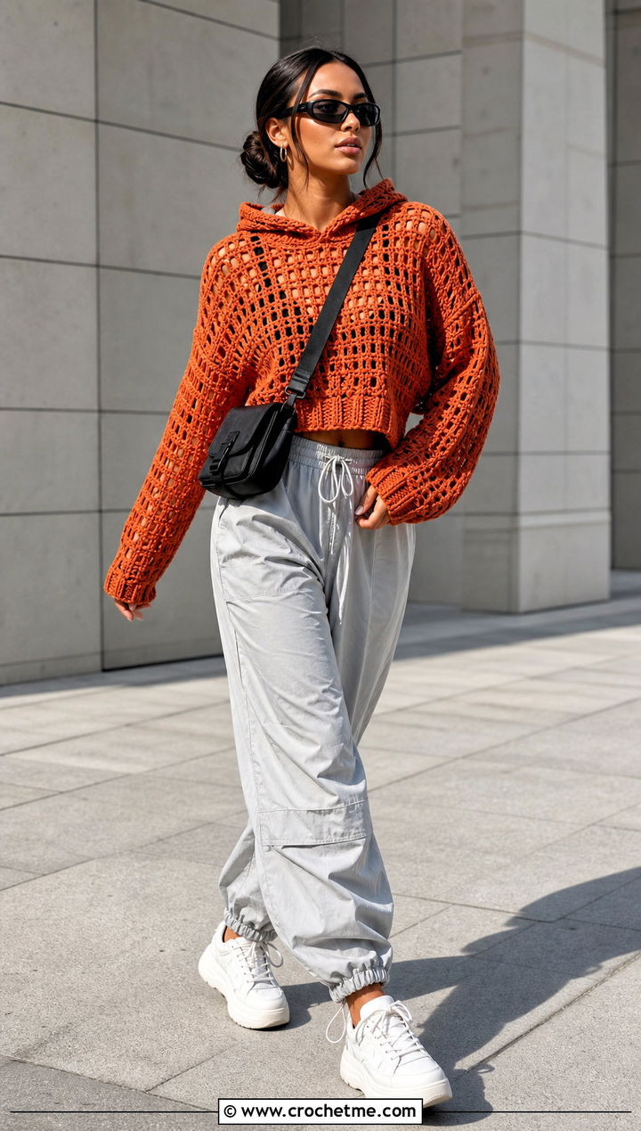 Hooded Crochet Knit Sweater With Parachute Pants - 35 Crochet Knit Sweater outfit ideas