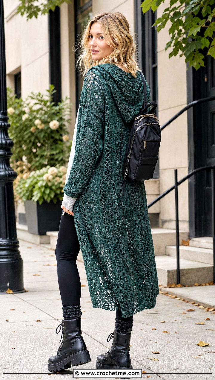Hooded Crochet Lace Duster Cardigan With Leggings - 20 Crochet Long Lacy Cardigan outfit ideas