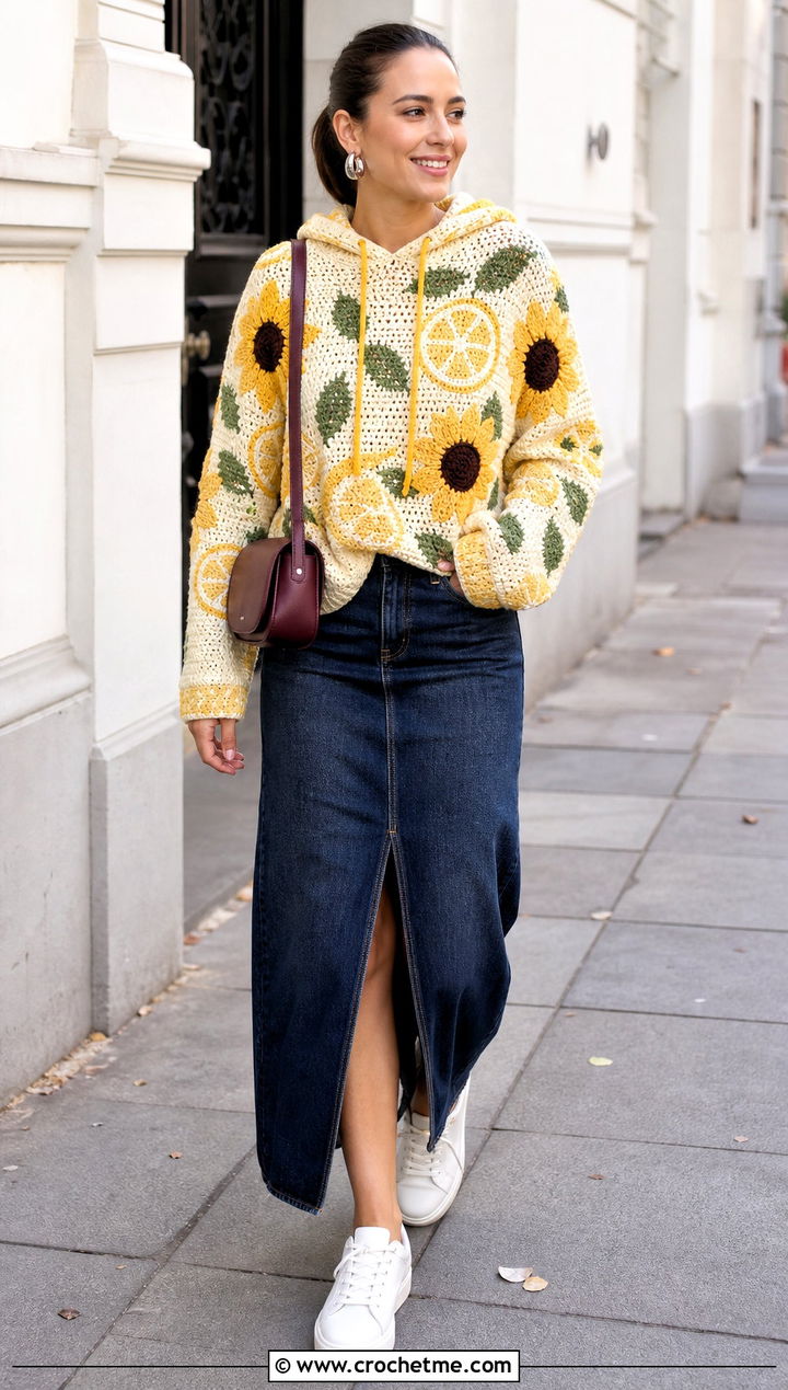 Hooded Crochet Lemon Sweater With Denim Maxi Skirt - 25 Crochet Lemon Sweater outfit ideas