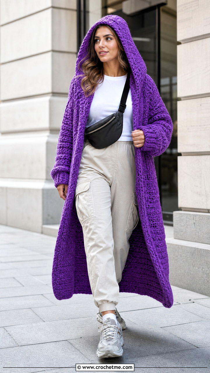 Hooded Crochet Long Cardigan With Cargo Pants - 35 crochet long cardigan outfit ideas