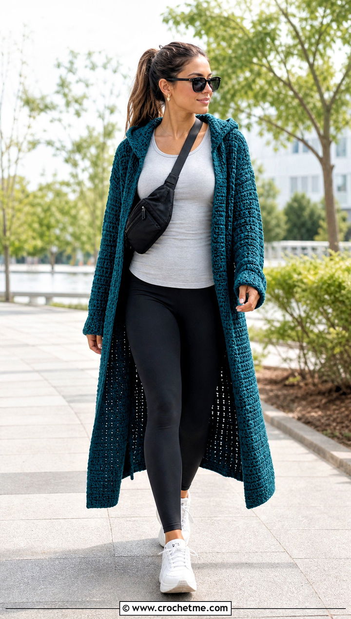 Hooded Crochet Long Cardigan With Leggings - 20 Easy Crochet Long Cardigan outfit ideas