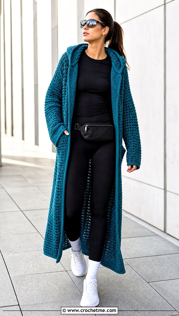 Hooded Crochet Long Coat With Leggings And Sneakers - 35 crochet long coat outfit ideas